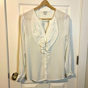 Sundance lightweight white long sleeve button down blouse w/ ruffle collar sz S